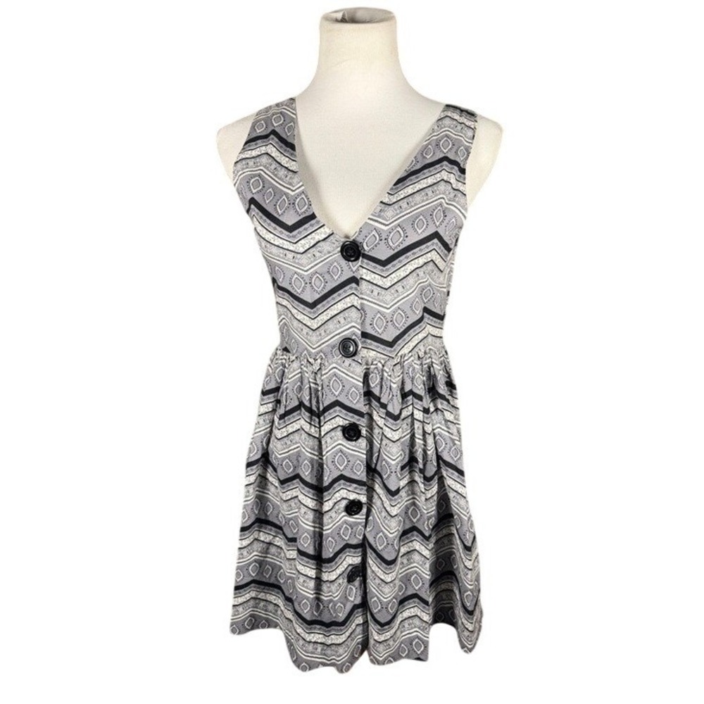 Derek Heart Dress Womens L Gray Geometric Chevron Button Front‎ Cotton Boho